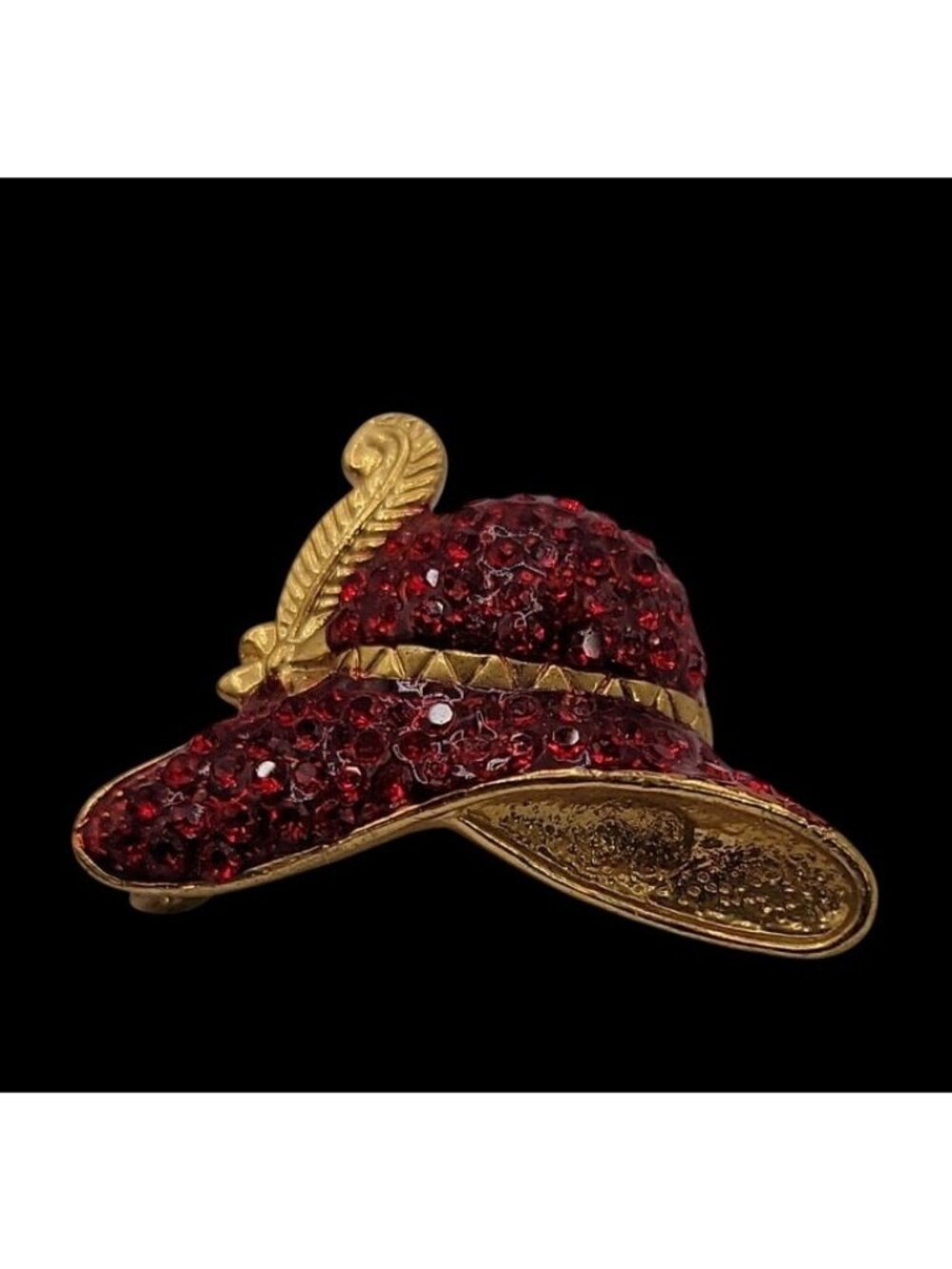 LS Red Hat Society Brooch Pin Red Hat Pave Red Rhinestones Gold Feather